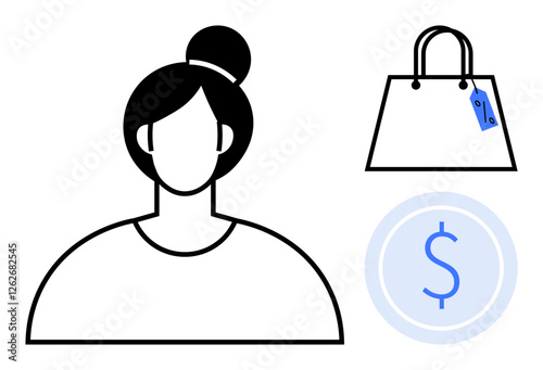 Female figure with a bun, shopping bag with price tag, dollar sign in circle. Ideal for retail, online shopping, consumer behavior, marketing, e-commerce spending habits financial decisions. Simple