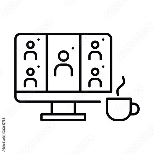 Online session icon with participants and cup of coffee on table in afternoon