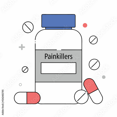 White painkiller bottle with scattered pills creates medical composition. Professional pharmaceutical presentation shows medication variety. Pain relief concept - pharmacy, healthcare