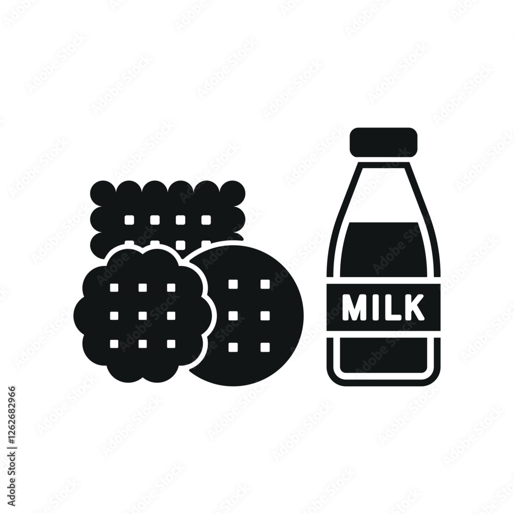 Obraz premium Milk and biscuit set food icon in flat style, featuring a glass of fresh milk and a stack of crispy biscuits, perfect for snack and dairy themes.