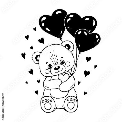 Adorable teddy bear holding a heart and surrounded by heart-shaped balloons. Cute black and white illustration perfect for Valentine’s Day, greeting cards, kids' designs, coloring pages, and love them