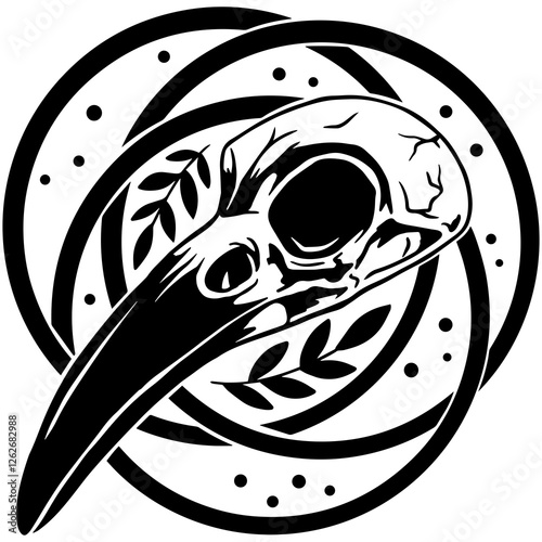 Detailed black and white illustration of a raven skull with ornamental circular patterns and leaves. A gothic, occult, and mystical design, perfect for tattoos, prints, and alternative art projects