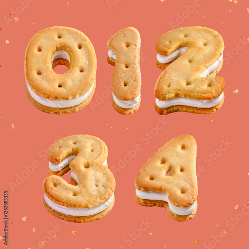 Crispy tasty font with letters shaped like sandwich cookies. photo