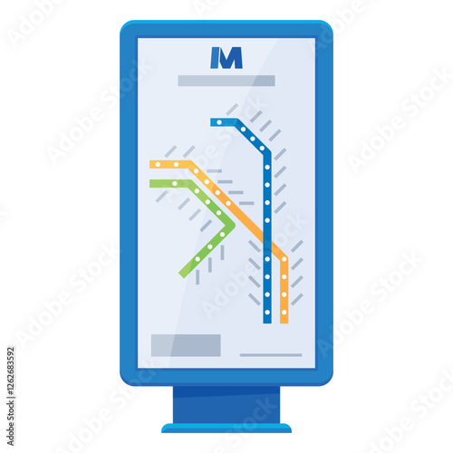 Illustration of a subway map displayed on a digital screen showing routes and transfers in a metropolitan city