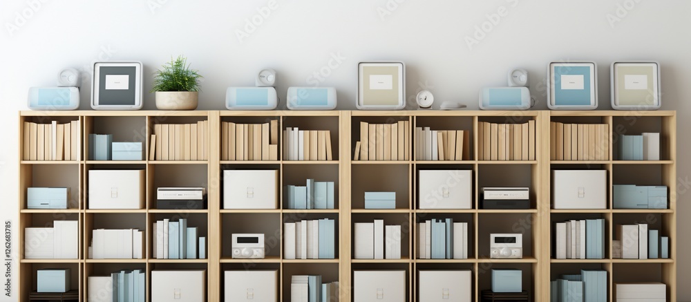 Modern bookshelf filled with books and decor in a bright, minimalist room setting Modern bookshelf filled with books and decor in a bright, minimalist room setting