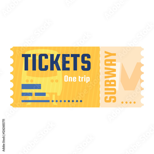 Subway ticket for one trip on a bright yellow background with blue text indicating travel details and services