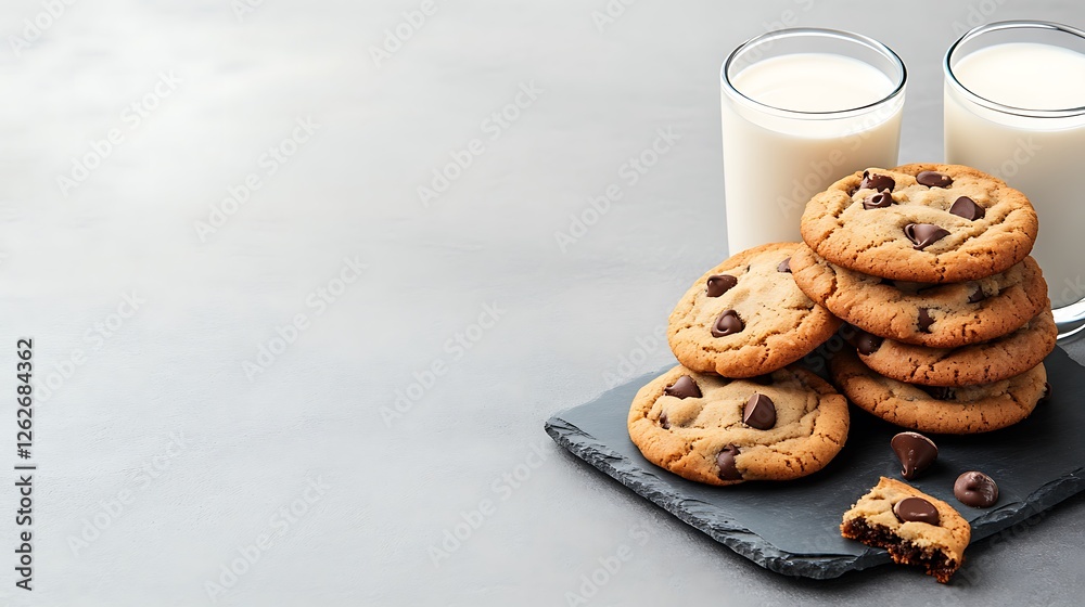 Cozy close-up of chocolate chip cookies and milk a delightful dessert experience Cozy close-up of chocolate chip cookies and milk a delightful dessert experience