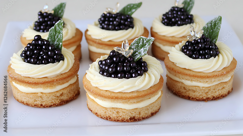 Elegant Mini Cakes with Cream and Blackberries on White Tray Presentation Delicious Dessert Elegant Mini Cakes with Cream and Blackberries on White Tray Presentation Delicious Dessert
