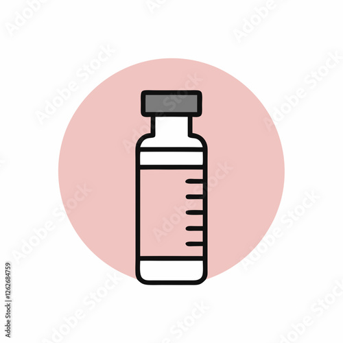 Minimalist vaccine vial on pink circular background. Modern medical illustration with measurement markings. Concept: Pharmaceutical Design, Healthcare Marketing, Medical Products
