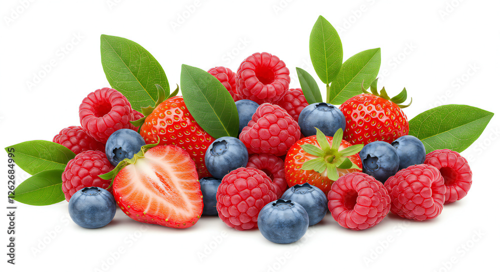 Fresh Assorted Berries with Mint on White Background Fresh Assorted Berries with Mint on White Background