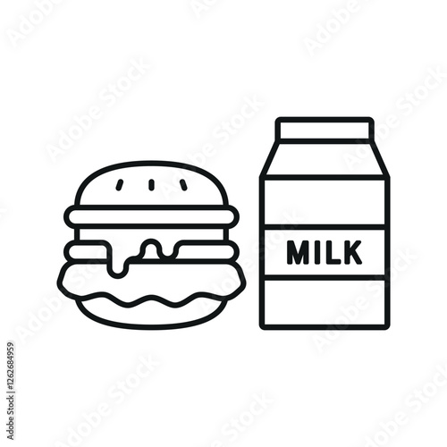 Milk and hamburger set food icon represents a classic meal combo, perfect for restaurant menus, fast food designs, nutrition themes, and delivery apps.