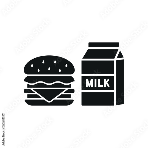 Milk and hamburger set food icon represents a classic meal combo, perfect for restaurant menus, fast food designs, nutrition themes, and delivery apps.