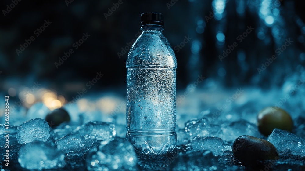 Iced water bottle on ice, nighttime forest background Iced water bottle on ice, nighttime forest background
