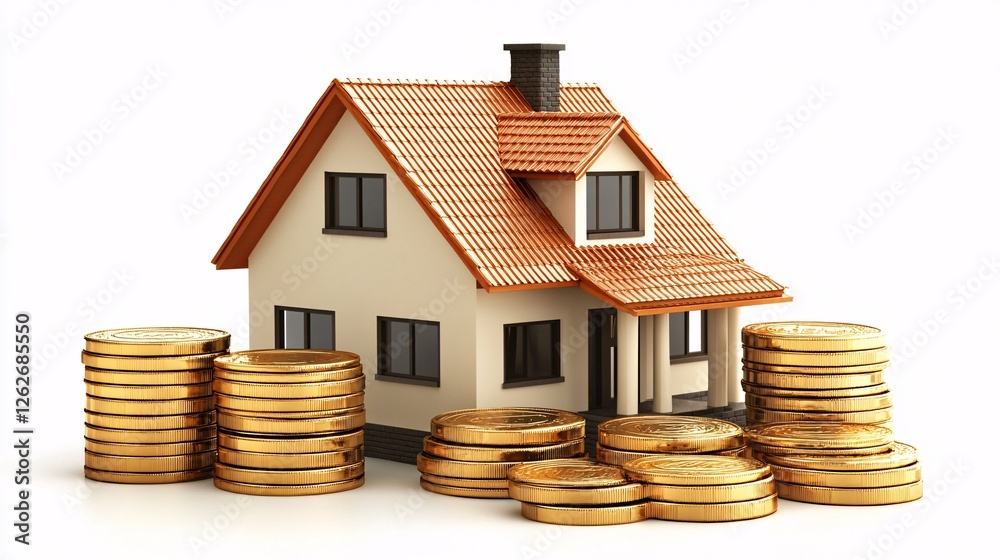 A small house model placed next to neatly stacked gold coins on a clean white background, symbolizing real estate investment and financial planning. A small house model placed next to neatly stacked gold coins on a clean white background, symbolizing real estate investment and financial planning.