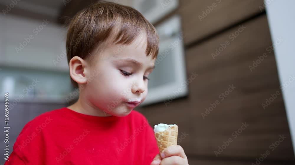 Cute little baby boy wearing red t-shirt eating ice cream. Lovely child licking the sweet in the cone. Sweet tooth kid. Cute little baby boy wearing red t-shirt eating ice cream. Lovely child licking the sweet in the cone. Sweet tooth kid.