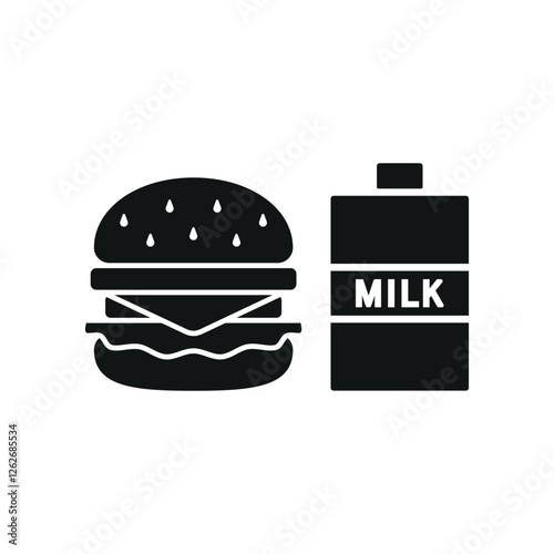 Milk and hamburger set food icon represents a classic meal combo, perfect for restaurant menus, fast food designs, nutrition themes, and delivery apps.