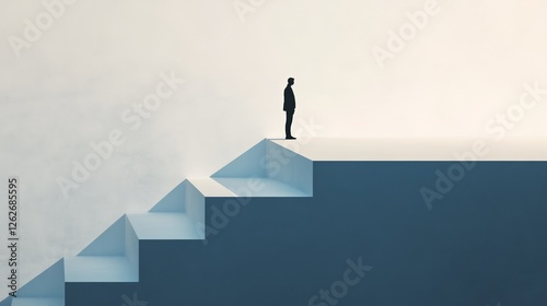 Businessman standing on top of incomplete stairs evaluating different ways and directions, having to choose the right path, concept of fobo - fear of better option - and job insecurity photo