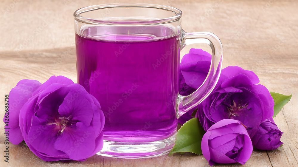 Elegant Purple Drink Surrounded by Flowers Displaying a Floral Refreshment on Wooden Surface Elegant Purple Drink Surrounded by Flowers Displaying a Floral Refreshment on Wooden Surface