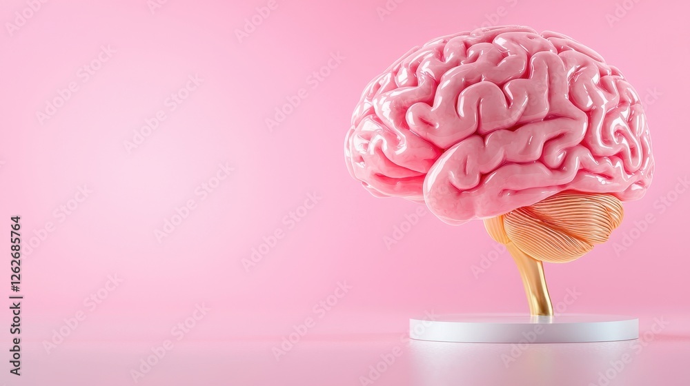 Realistic Pink Brain Model on White Base with Soft Pink Background for Educational Purposes Realistic Pink Brain Model on White Base with Soft Pink Background for Educational Purposes