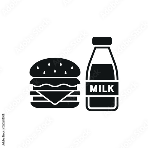 Milk and hamburger set food icon represents a classic meal combo, perfect for restaurant menus, fast food designs, nutrition themes, and delivery apps.