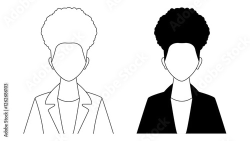 A profile illustration of an African woman's silhouette. An outline businesswoman profile illustration. A black and white female avatar picture. A vector illustration of a woman.