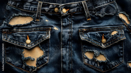 Distressed Blue Denim Jeans with Rips and Torn Pockets
