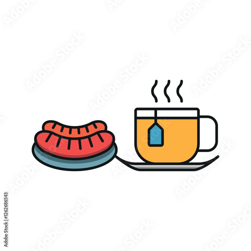 Tea and hot dog set icon represents a unique blend of warm beverages and street food, perfect for café branding, snack bar menus, food truck promotions, and casual dining visuals.