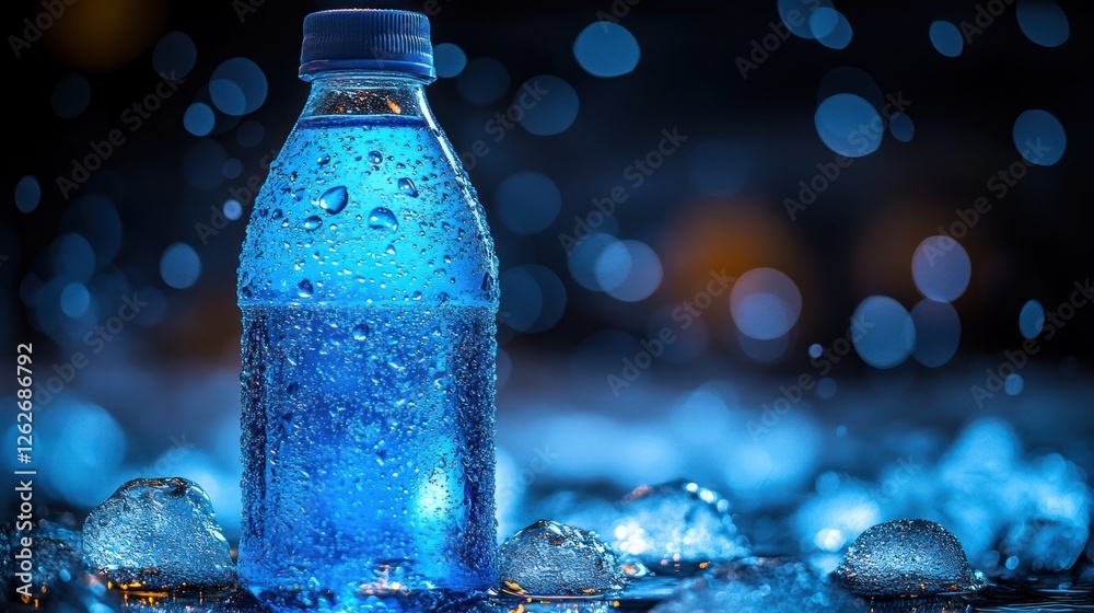 Icy blue water bottle on ice at night Icy blue water bottle on ice at night