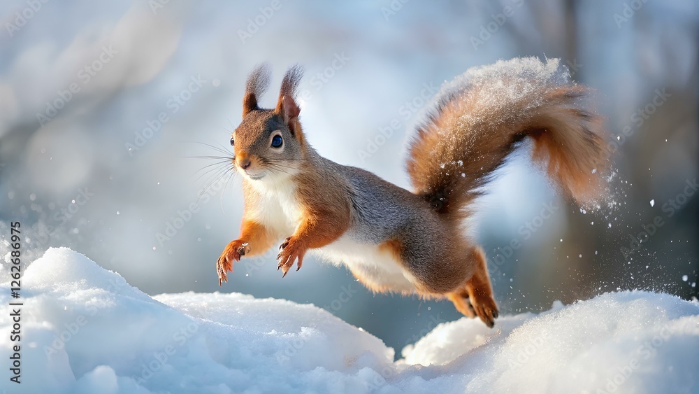 A squirrel energetically jumps over a snowy landscape in a forest. The scene captures the animal's playful nature and vibrant fur against the white backdrop of winter. A squirrel energetically jumps over a snowy landscape in a forest. The scene captures the animal's playful nature and vibrant fur against the white backdrop of winter.