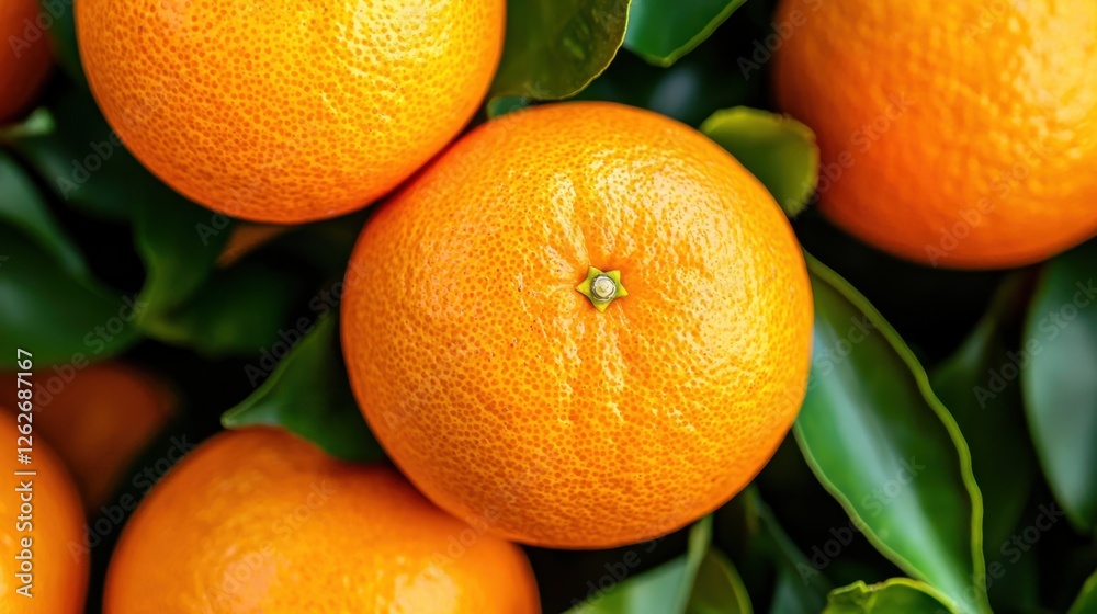 Freshly harvested oranges resting among lush green leaves in an orchard on a sunny day Freshly harvested oranges resting among lush green leaves in an orchard on a sunny day