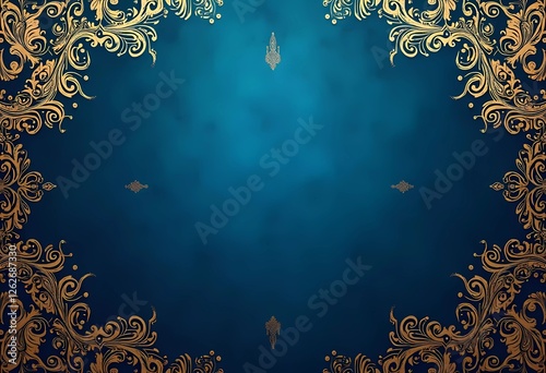 Elegant Golden Floral Patterns Adorn a Deep Blue Backdrop in Stunning Harmony. Generative AI