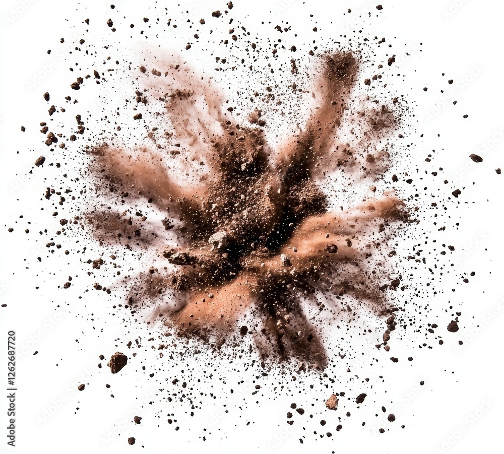 Tea leaves burst from a black, dried leaf, dispersing as a fine mist. Abstract clouds float by, and brown tea droplets are thrown into the air. Set against a white backdrop, the scene is captured in Tea leaves burst from a black, dried leaf, dispersing as a fine mist. Abstract clouds float by, and brown tea droplets are thrown into the air. Set against a white backdrop, the scene is captured in