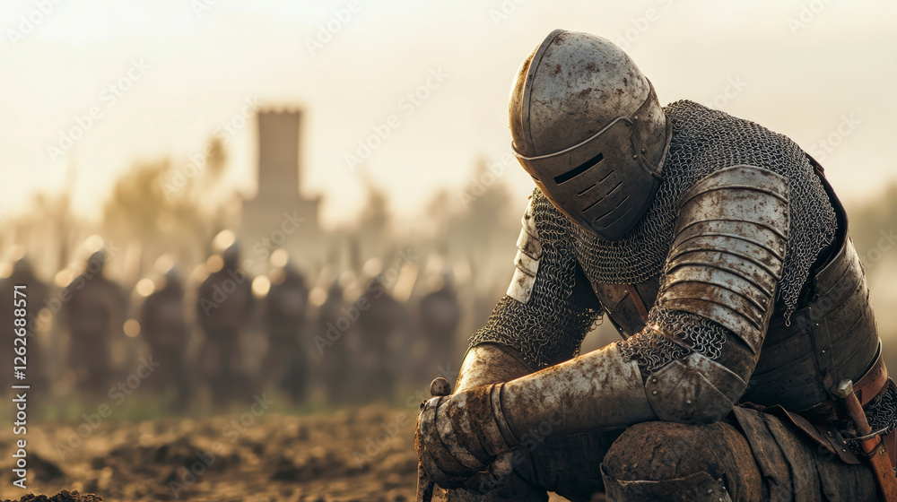 Medieval knight in armor rests after battle, with castle in background. Explore the age of chivalry and valor. Medieval knight in armor rests after battle, with castle in background. Explore the age of chivalry and valor.