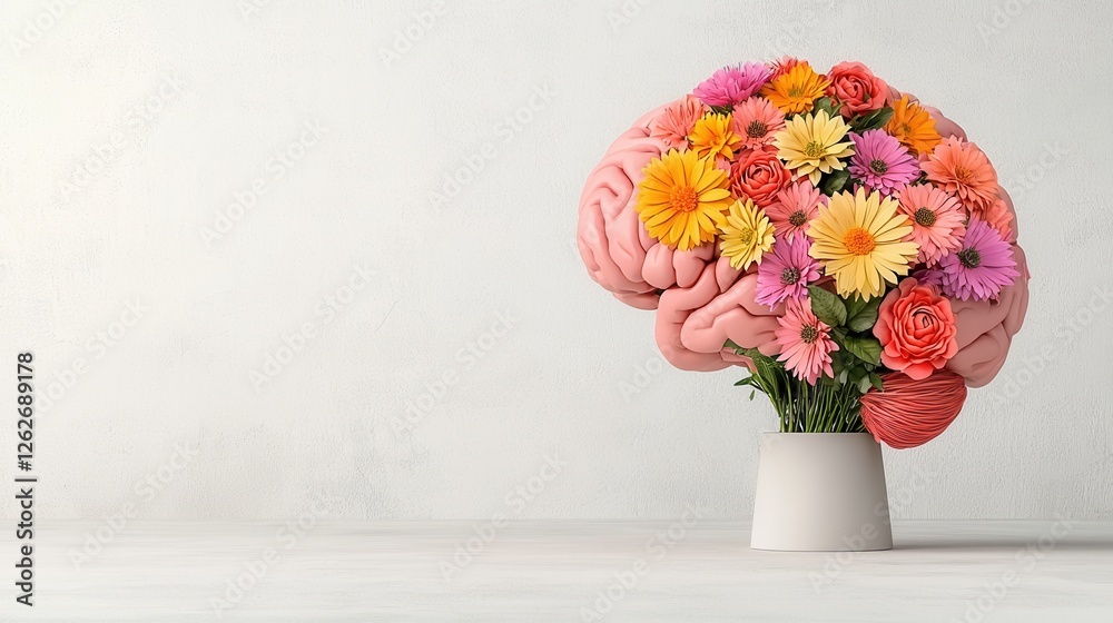 Obraz premium Colorful Brain Shaped Flower Arrangement Symbolizing Creativity and Intelligence in Art Design