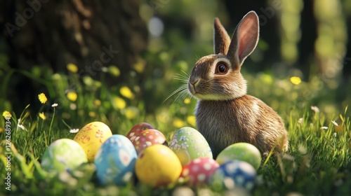 Easter Bunny Amidst Colorful Eggs in Spring Meadow