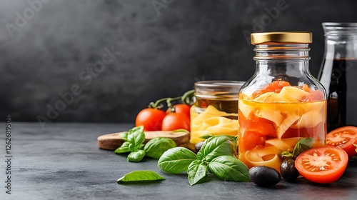 Colorful pasta salad ingredients arranged on dark surface in kitchen gourmet food photography photo