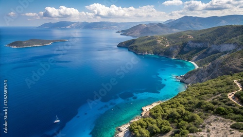Aerial view with ultra-wide drone from top to bottom in the deep blue Aegean Sea, Greece