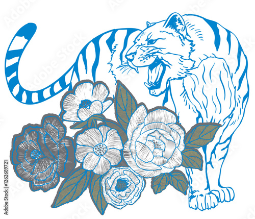 Estampa de felino de color azul con flores blanco con gris