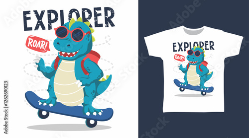 Fototapeta Naklejka Na Ścianę i Meble -  Cool dinosaur play skateboard hand drawn, vector ready for print on t shirt and other uses.