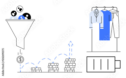 Objects in a funnel converting to money, stacks of coins with growth arrows, clothing on a rack, empty battery icon. Ideal for marketing, business strategy, sales, revenue generation, inventory