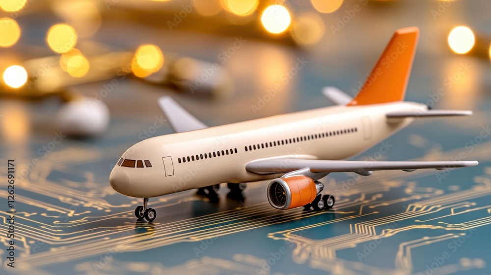 Fototapeta premium Model airplane on electronic circuit background with soft glowing lights for creative concept