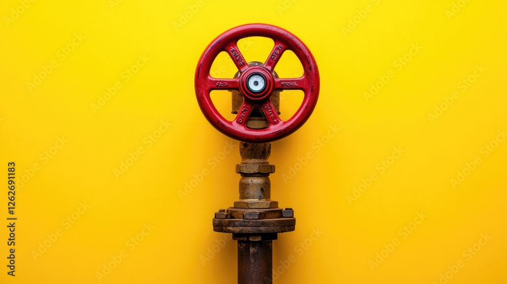 Obraz premium Brass gas control valve with a red emergency handle, centered over a softly illuminated yellow gradient
