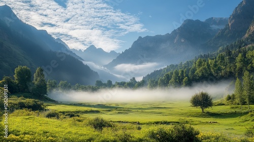 Mist shrouds a verdant valley nestled between towering mountains