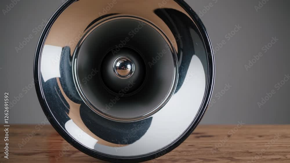 Close-up video shot of a modern speaker cone from a top-down angle, highlighting its sleek, metallic design against a wooden surface. Close-up video shot of a modern speaker cone from a top-down angle, highlighting its sleek, metallic design against a wooden surface.
