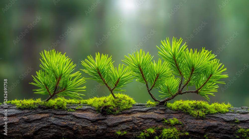 Fototapeta premium Lush green pine needles and vibrant moss on a tree branch in a serene forest setting, showcasing natural beauty.