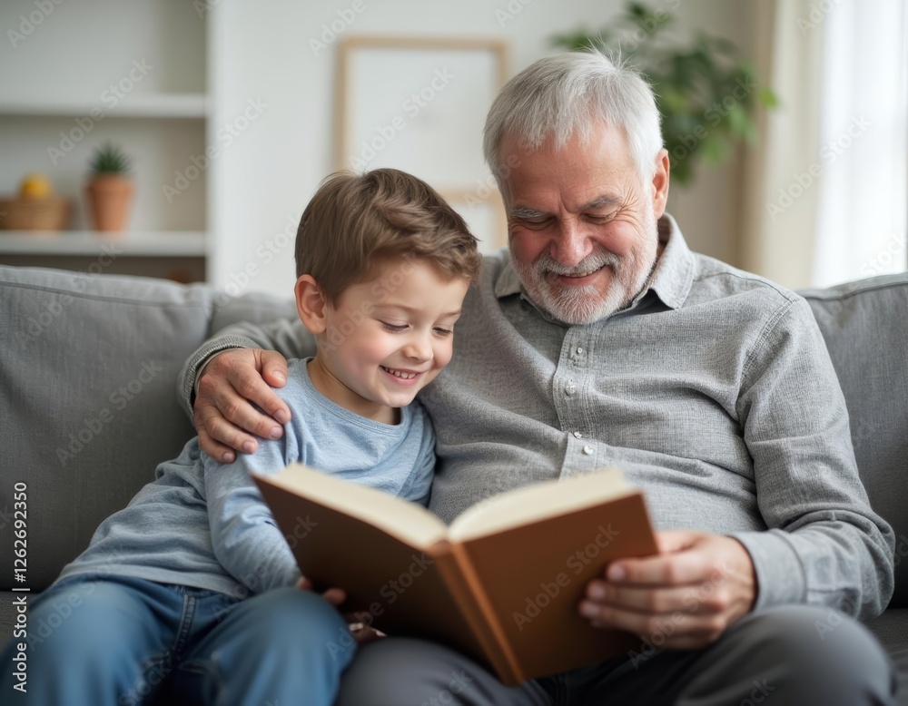 grandfather and grandson reading a book, laughing, hugging, sitting on the sofa grandfather and grandson reading a book, laughing, hugging, sitting on the sofa