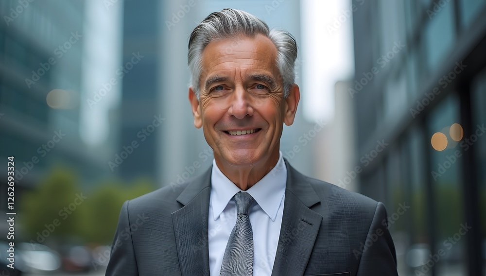 Fototapeta premium Portrait of a confident and successful businessman in a suit smiling in an office setting