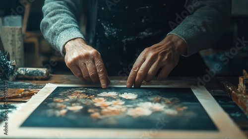 Print-ready, close-up of hands holding a print-ready image, fine details visible