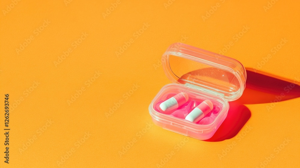 Earplugs in a transparent safety case on a neon orange background Earplugs in a transparent safety case on a neon orange background