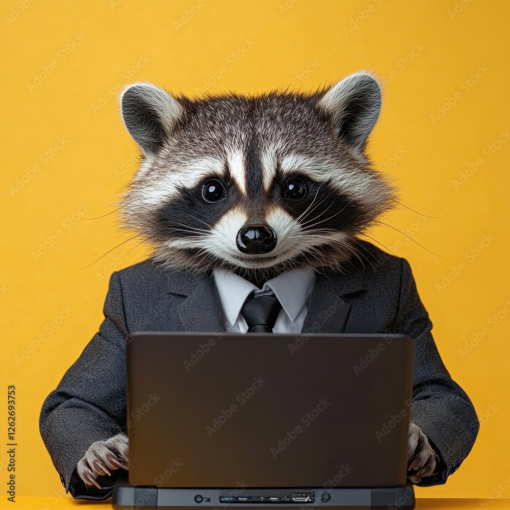 Fototapeta premium raccoon works at a laptop, work desk. on a plain bright colored background. in a business suit. place for text. photo.